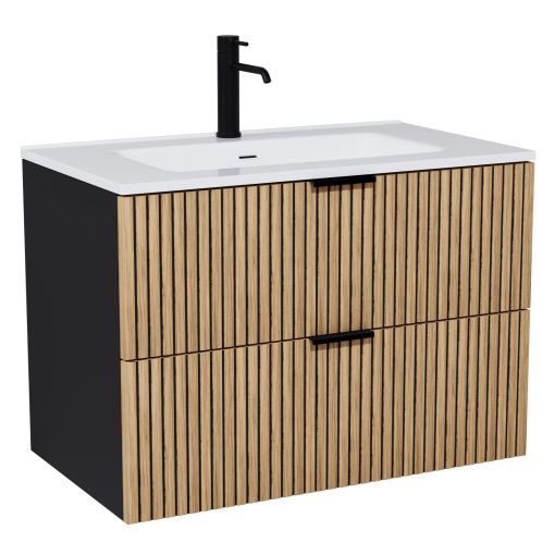 HD Parma Matt Black 60 komplett fürdőszoba bútor fali mosdószekrénnyel, matt fekete fogantyúkkal, fényes fehér slim mosdóval és tükörrel