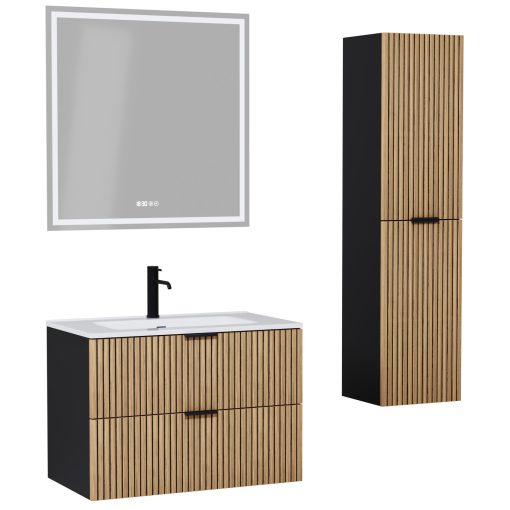 HD Parma Matt Black 60 komplett fürdőszoba bútor szett fali mosdószekrénnyel, matt fekete fogantyúkkal, fényes fehér slim mosdóval, tükörrel és magasszekrénnyel