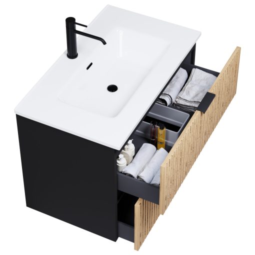 HD Parma Matt Black 60 komplett fürdőszoba bútor szett fali mosdószekrénnyel, matt fekete fogantyúkkal, fényes fehér slim mosdóval, tükörrel és magasszekrénnyel