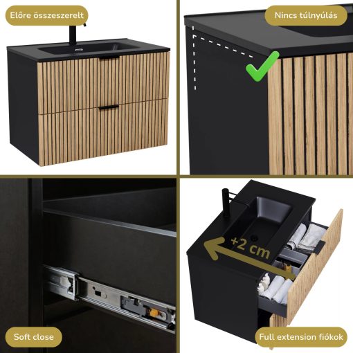 HD Parma Matt Black 60 komplett fürdőszoba bútor fali mosdószekrénnyel, matt fekete fogantyúkkal, matt fekete slim mosdóval és tükörrel