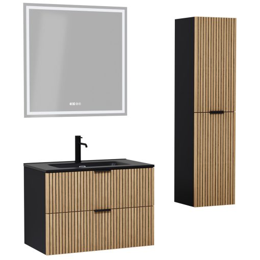 HD Parma Matt Black 60 komplett fürdőszoba bútor szett fali mosdószekrénnyel, matt fekete fogantyúkkal, matt fekete slim mosdóval, tükörrel és magasszekrénnyel