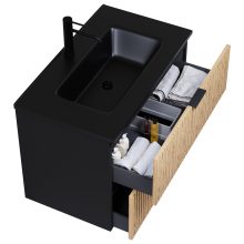 HD Parma Matt Black 60 komplett fürdőszoba bútor szett fali mosdószekrénnyel, matt fekete fogantyúkkal, matt fekete slim mosdóval, tükörrel és magasszekrénnyel