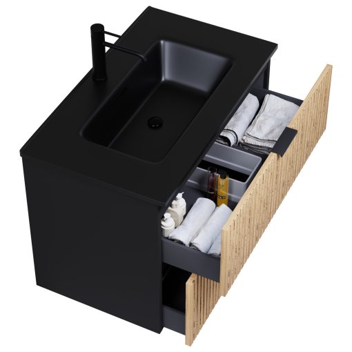 HD Parma Matt Black 60 komplett fürdőszoba bútor szett fali mosdószekrénnyel, matt fekete fogantyúkkal, matt fekete slim mosdóval, tükörrel és magasszekrénnyel