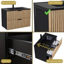 HD Parma Matt Black 60 komplett fürdőszoba bútor szett fali mosdószekrénnyel, matt fekete fogantyúkkal, matt fekete slim mosdóval, tükörrel és magasszekrénnyel