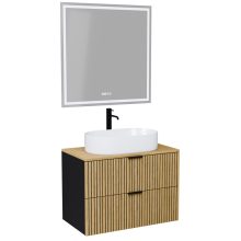 HD Palma Black 60/80/100/120 komplett fürdőszoba bútor fali mosdószekrénnyel, hikoridió színű mosdópulttal, matt fekete fogantyúkkal és tükörrel