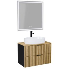   HD Palma Black 60/80/100/120 komplett fürdőszoba bútor fali mosdószekrénnyel, hikoridió színű mosdópulttal, matt fekete fogantyúkkal és tükörrel