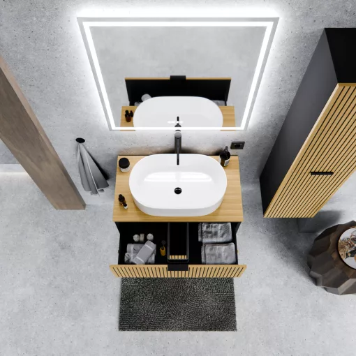 HD Palma Black 60/80/100/120 komplett fürdőszoba bútor fali mosdószekrénnyel, hikoridió színű mosdópulttal, matt fekete fogantyúkkal és tükörrel