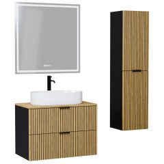   HD Palma Black 60/80/100/120 komplett fürdőszoba bútor szett fali mosdószekrénnyel, hikoridió színű mosdópulttal, matt fekete fogantyúkkal, tükörrel és magasszekrénnyel