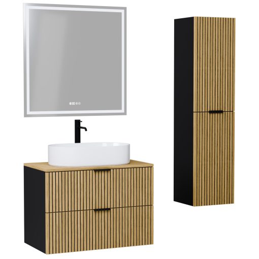 HD Palma Black 60/80/100/120 komplett fürdőszoba bútor szett fali mosdószekrénnyel, hikoridió színű mosdópulttal, matt fekete fogantyúkkal, tükörrel és magasszekrénnyel