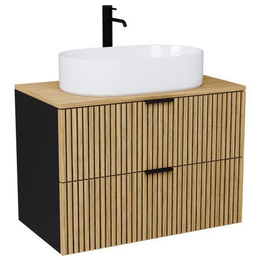 HD Palma Black 60/80/100/120 komplett fürdőszoba bútor szett fali mosdószekrénnyel, hikoridió színű mosdópulttal, matt fekete fogantyúkkal, tükörrel és magasszekrénnyel