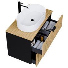 HD Palma Black 60/80/100/120 komplett fürdőszoba bútor szett fali mosdószekrénnyel, hikoridió színű mosdópulttal, matt fekete fogantyúkkal, tükörrel és magasszekrénnyel