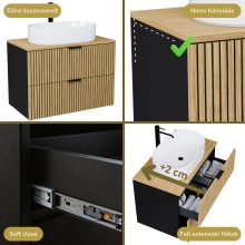 HD Palma Black 60/80/100/120 komplett fürdőszoba bútor szett fali mosdószekrénnyel, hikoridió színű mosdópulttal, matt fekete fogantyúkkal, tükörrel és magasszekrénnyel