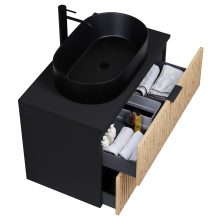 HD Palma Black 60 komplett fürdőszoba bútor szett fali mosdószekrénnyel, matt fekete mosdópulttal, matt fekete fogantyúkkal, tükörrel és magasszekrénnyel