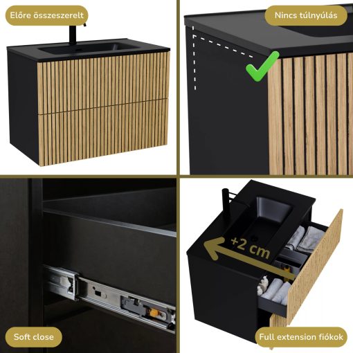 HD Parma Pro Matt Black 60 komplett fürdőszoba bútor fali push-to-open mosdószekrénnyel, matt fekete slim mosdóval és tükörrel
