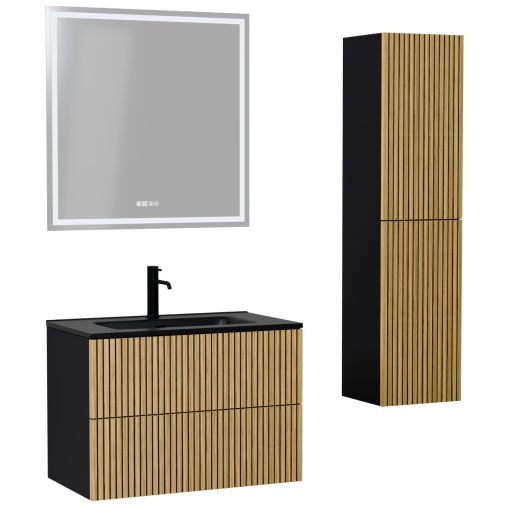 HD Parma Pro Matt Black 60 komplett fürdőszoba bútor szett fali push-to-open mosdószekrénnyel, matt fekete slim mosdóval, tükörrel és magasszekrénnyel