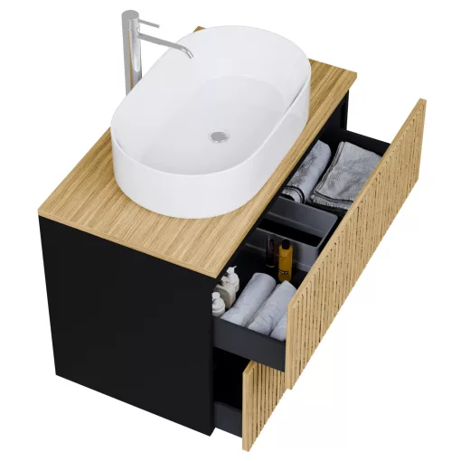 HD Palma Pro Black 60 fali mosdószekrény, push-to-open mechanizmussal, hikoridió színű mosdópulttal