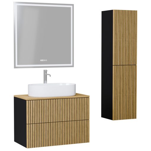 HD Palma Pro Black 60 komplett fürdőszoba bútor szett fali push-to-open mosdószekrénnyel, hikoridió színű mosdópulttal, tükörrel és magasszekrénnyel
