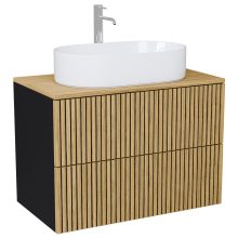 HD Palma Pro Black 60 komplett fürdőszoba bútor szett fali push-to-open mosdószekrénnyel, hikoridió színű mosdópulttal, tükörrel és magasszekrénnyel