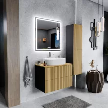 HD Palma Pro Black 60 komplett fürdőszoba bútor szett fali push-to-open mosdószekrénnyel, hikoridió színű mosdópulttal, tükörrel és magasszekrénnyel