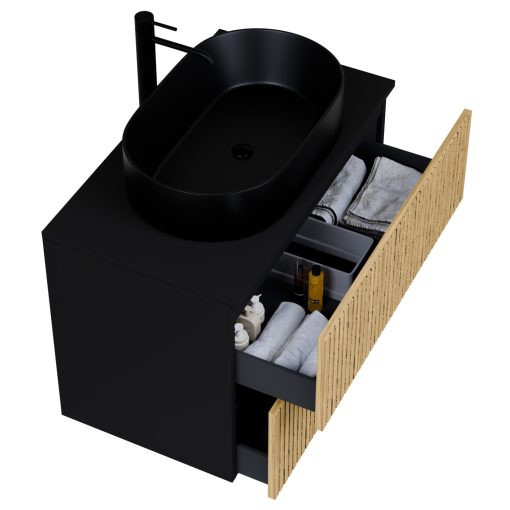 HD Palma Pro Black 60 komplett fürdőszoba bútor szett fali push-to-open mosdószekrénnyel, matt fekete mosdópulttal, tükörrel és magasszekrénnyel