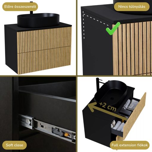 HD Palma Pro Black 60 komplett fürdőszoba bútor szett fali push-to-open mosdószekrénnyel, matt fekete mosdópulttal, tükörrel és magasszekrénnyel