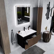 HD Ravello Pro Black-Oak 60 komplett fürdőszoba bútor fali push-to-open mosdószekrénnyel, fényes fehér slim mosdóval és tükörrel
