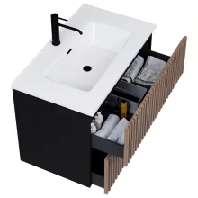 HD Ravello Pro Black-Oak 60 komplett fürdőszoba bútor szett fali push-to-open mosdószekrénnyel, fényes fehér slim mosdóval, tükörrel és magasszekrénnyel