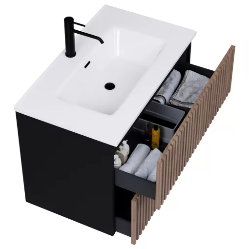 HD Ravello Pro Black-Oak 60 komplett fürdőszoba bútor szett fali push-to-open mosdószekrénnyel, fényes fehér slim mosdóval, tükörrel és magasszekrénnyel