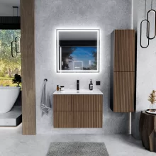 HD Ravello Pro Black-Oak 60 komplett fürdőszoba bútor szett fali push-to-open mosdószekrénnyel, fényes fehér slim mosdóval, tükörrel és magasszekrénnyel