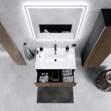 HD Ravello Pro Black-Oak 60 komplett fürdőszoba bútor szett fali push-to-open mosdószekrénnyel, fényes fehér slim mosdóval, tükörrel és magasszekrénnyel