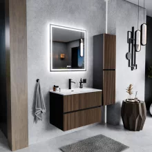 HD Torino Black-Oak 60 komplett fürdőszoba bútor szett fali mosdószekrénnyel, fényes fehér slim mosdóval, tükörrel és magasszekrénnyel