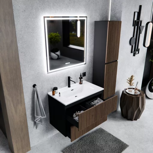 HD Torino Black-Oak 60 komplett fürdőszoba bútor szett fali mosdószekrénnyel, fényes fehér slim mosdóval, tükörrel és magasszekrénnyel