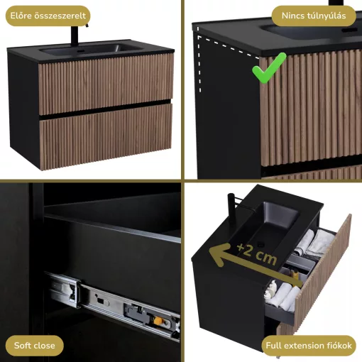 HD Torino Black-Oak 60 fali mosdószekrény matt fekete slim mosdóval