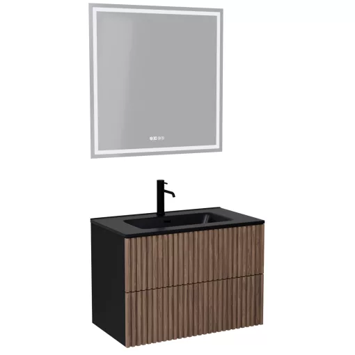 HD Ravello Pro Black-Oak 60 komplett fürdőszoba bútor fali push-to-open mosdószekrénnyel, matt fekete slim mosdóval és tükörrel