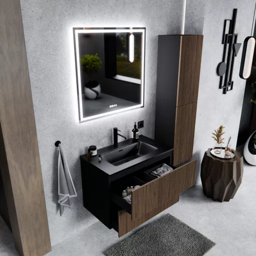 HD Ravello Pro Black-Oak 60 komplett fürdőszoba bútor fali push-to-open mosdószekrénnyel, matt fekete slim mosdóval és tükörrel