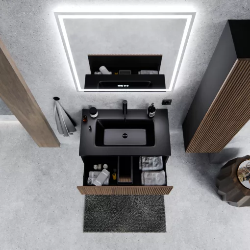 HD Ravello Pro Black-Oak 60 komplett fürdőszoba bútor fali push-to-open mosdószekrénnyel, matt fekete slim mosdóval és tükörrel