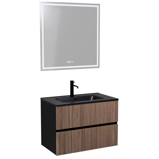 HD Torino Black-Oak 60 komplett fürdőszoba bútor fali mosdószekrénnyel, matt fekete slim mosdóval és tükörrel