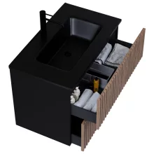 HD Ravello Pro Black-Oak 60 komplett fürdőszoba bútor szett fali push-to-open mosdószekrénnyel, matt fekete slim mosdóval, tükörrel és magasszekrénnyel