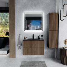 HD Ravello Pro Black-Oak 60 komplett fürdőszoba bútor szett fali push-to-open mosdószekrénnyel, matt fekete slim mosdóval, tükörrel és magasszekrénnyel
