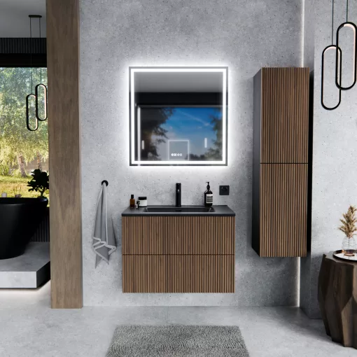 HD Ravello Pro Black-Oak 60 komplett fürdőszoba bútor szett fali push-to-open mosdószekrénnyel, matt fekete slim mosdóval, tükörrel és magasszekrénnyel