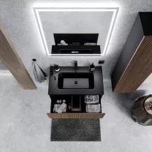HD Ravello Pro Black-Oak 60 komplett fürdőszoba bútor szett fali push-to-open mosdószekrénnyel, matt fekete slim mosdóval, tükörrel és magasszekrénnyel