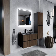 HD Torino Black-Oak 60 komplett fürdőszoba bútor szett fali mosdószekrénnyel, matt fekete slim mosdóval, tükörrel és magasszekrénnyel