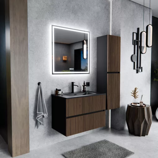 HD Torino Black-Oak 60 komplett fürdőszoba bútor szett fali mosdószekrénnyel, matt fekete slim mosdóval, tükörrel és magasszekrénnyel