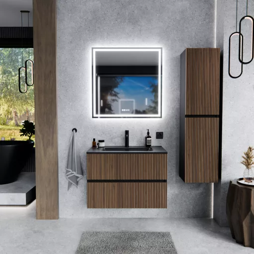HD Torino Black-Oak 60 komplett fürdőszoba bútor szett fali mosdószekrénnyel, matt fekete slim mosdóval, tükörrel és magasszekrénnyel
