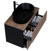 HD Rapallo Pro Black-Oak 60 fali mosdószekrény, push-to-open mechanizmussal, tölgyfa színű mosdópulttal