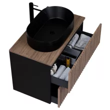 HD Rapallo Pro Black-Oak 60 fali mosdószekrény, push-to-open mechanizmussal, tölgyfa színű mosdópulttal