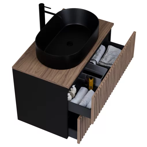 HD Rapallo Pro Black-Oak 60 fali mosdószekrény, push-to-open mechanizmussal, tölgyfa színű mosdópulttal