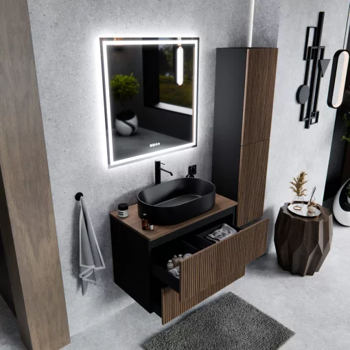 HD Rapallo Pro Black-Oak 60 fali mosdószekrény, push-to-open mechanizmussal, tölgyfa színű mosdópulttal