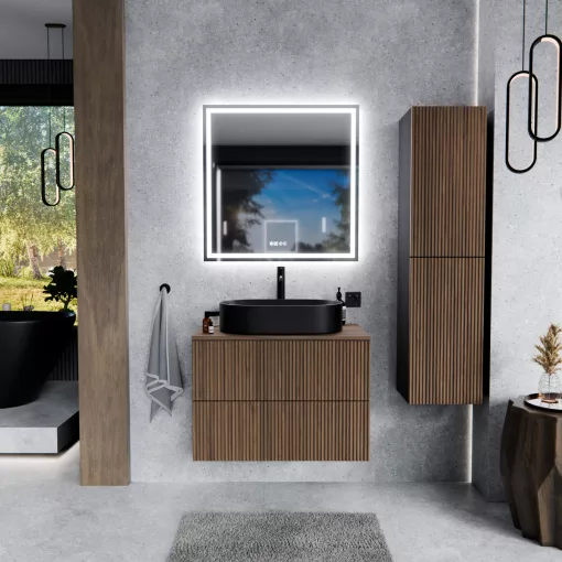 HD Rapallo Pro Black-Oak 60 fali mosdószekrény, push-to-open mechanizmussal, tölgyfa színű mosdópulttal