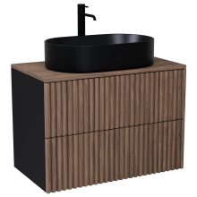 HD Rapallo Pro Black-Oak 60 komplett fürdőszoba bútor fali push-to-open mosdószekrénnyel, tölgyfa színű mosdópulttal és tükörrel